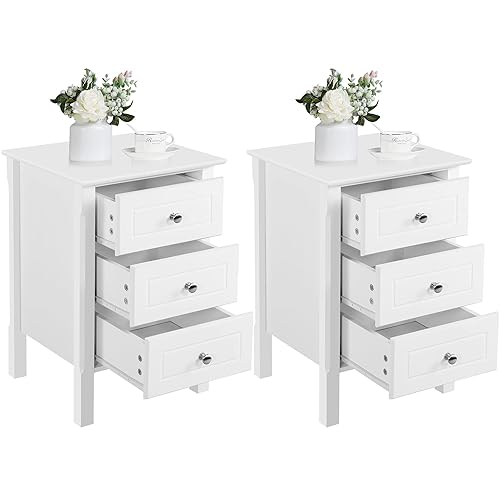 Yaheetech Bedside Table Set of 2, Bedside Cabinet with 3 Drawers and Heavy Duty Solid Pine Wood Legs, Wood Nightstand with Sturdy Structure and Metal Knobs for Bedroom, 40cmL x 40cmW x 60cmH, White - White