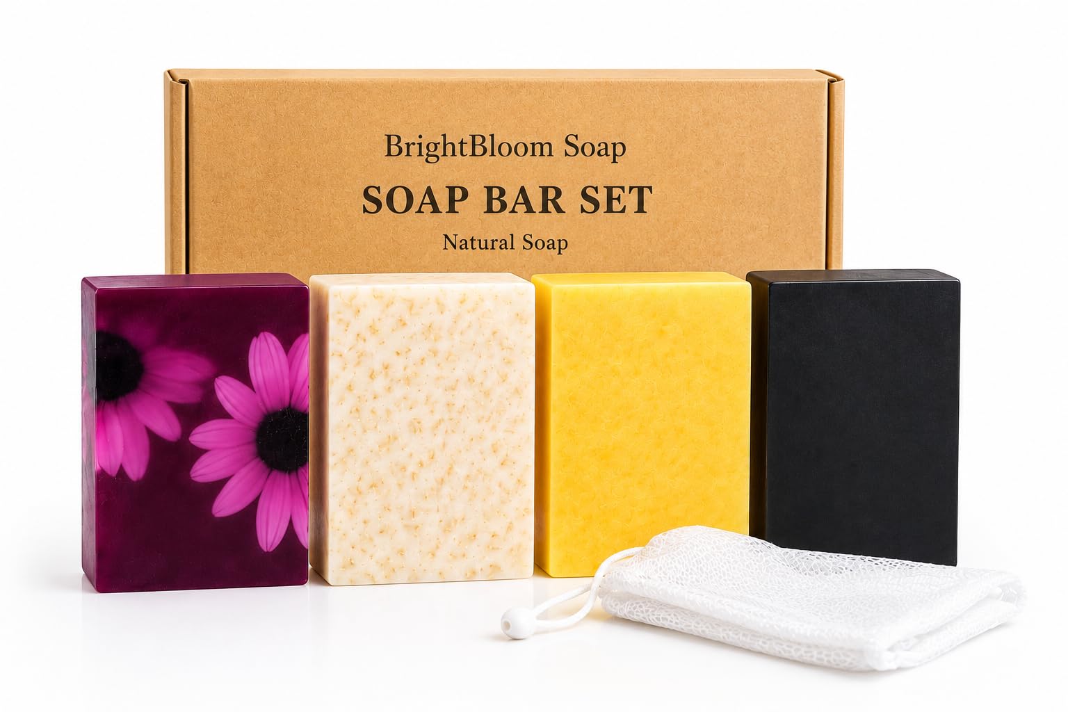 Set regalo di sapone artigianale: 4 pastiglie di sapone naturale (lavanda, agrumi, carbone vegetale e miele d'avena). Un regalo rilassante da spa per le donne.