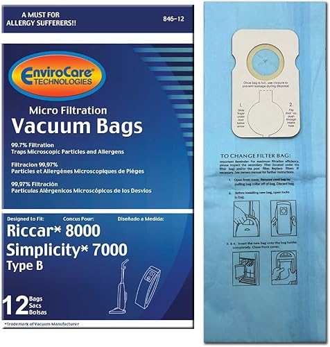 EnviroCare Bolsas de repuesto para aspiradora de microfiltración hechas para adaptarse a Riccar 8000 Simplicity 7000 Tipo B 12 unidades