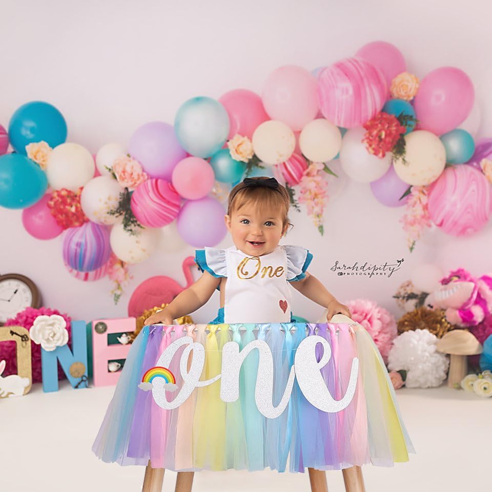 Image of 1st Birthday High Chair Banner One Year Birthday Decorations Pastel Rainbow Theme First birth day Banner for Girls Boys 1st birthday Party Baby Shower Decorations Highchair Garland