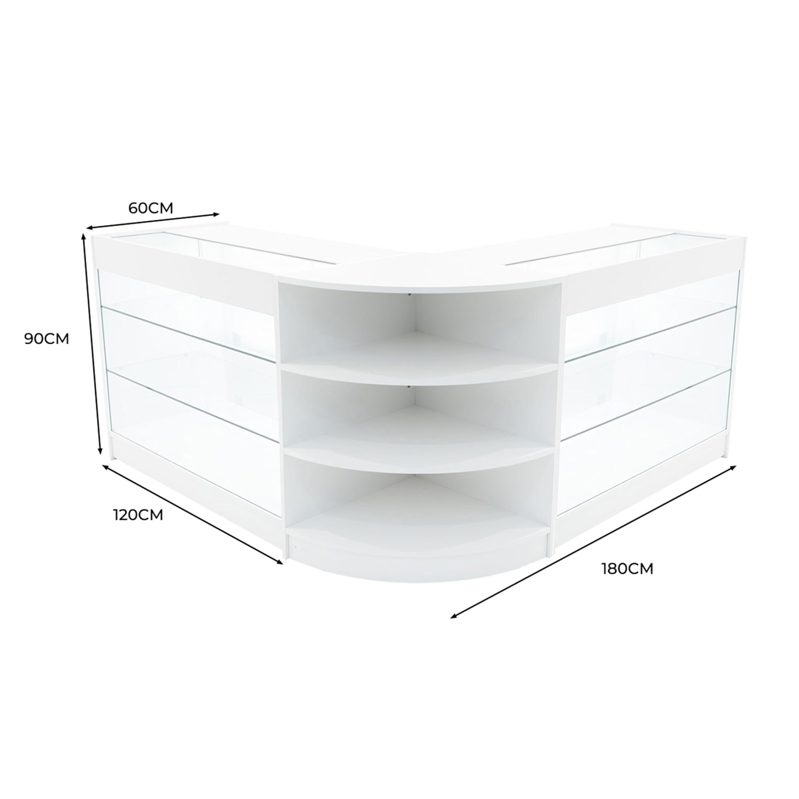 Comptoirs de Vente en MDF Blanc à LED Blancs Ensemble Apollo LM60 K1200 3 Unités de Rangement Étagères Internes Portes Coulissantes Verouillables Réception Bureau Vêtements Bijoux [Clés INCLUS]