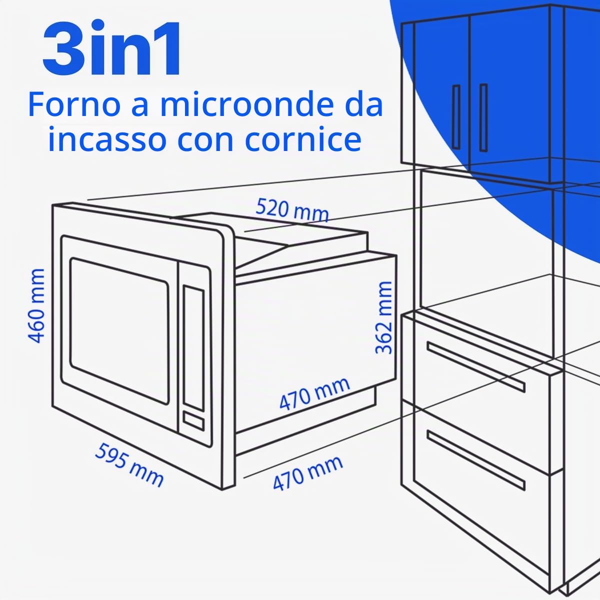 Forno a microonde da incasso Bomann con grill e convezione, 60 cm, Microonde 900 W, Grill 1100 W, Convezione 2500 W, Include griglia e piatto girevole, Microonde da incasso 25 l, MWG 2216 H EB Nero