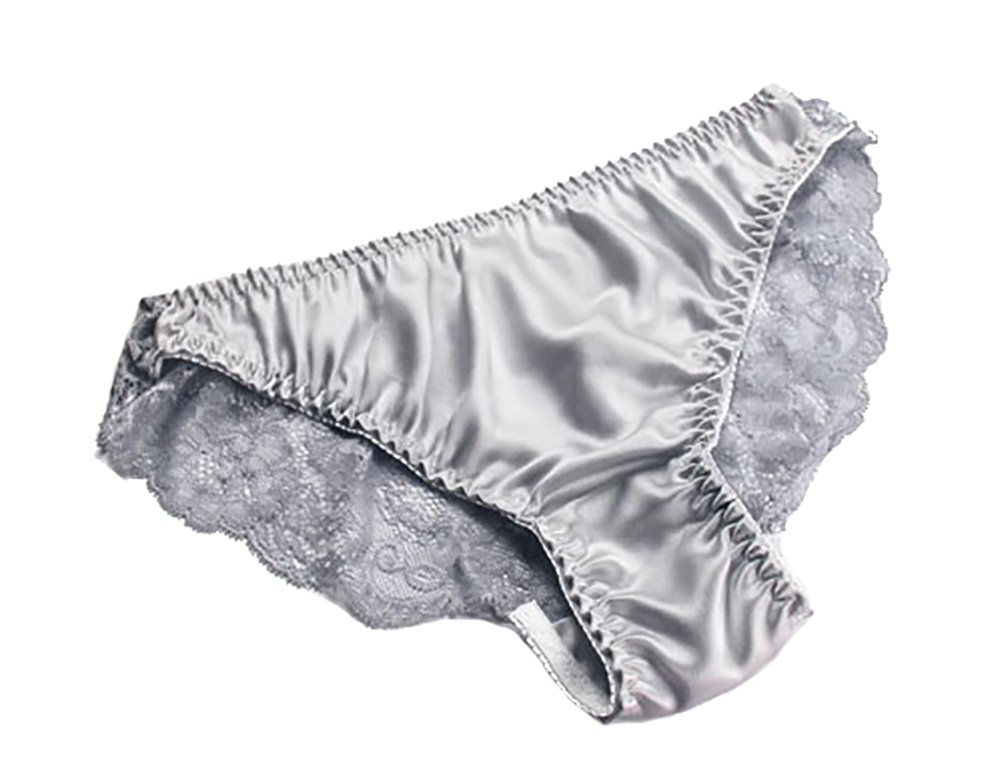 LSHARON Women's Sexy Mulberry Silk Briefs Lingerie Lace Thong Underwear Panties (L(Tag XL), Silver)