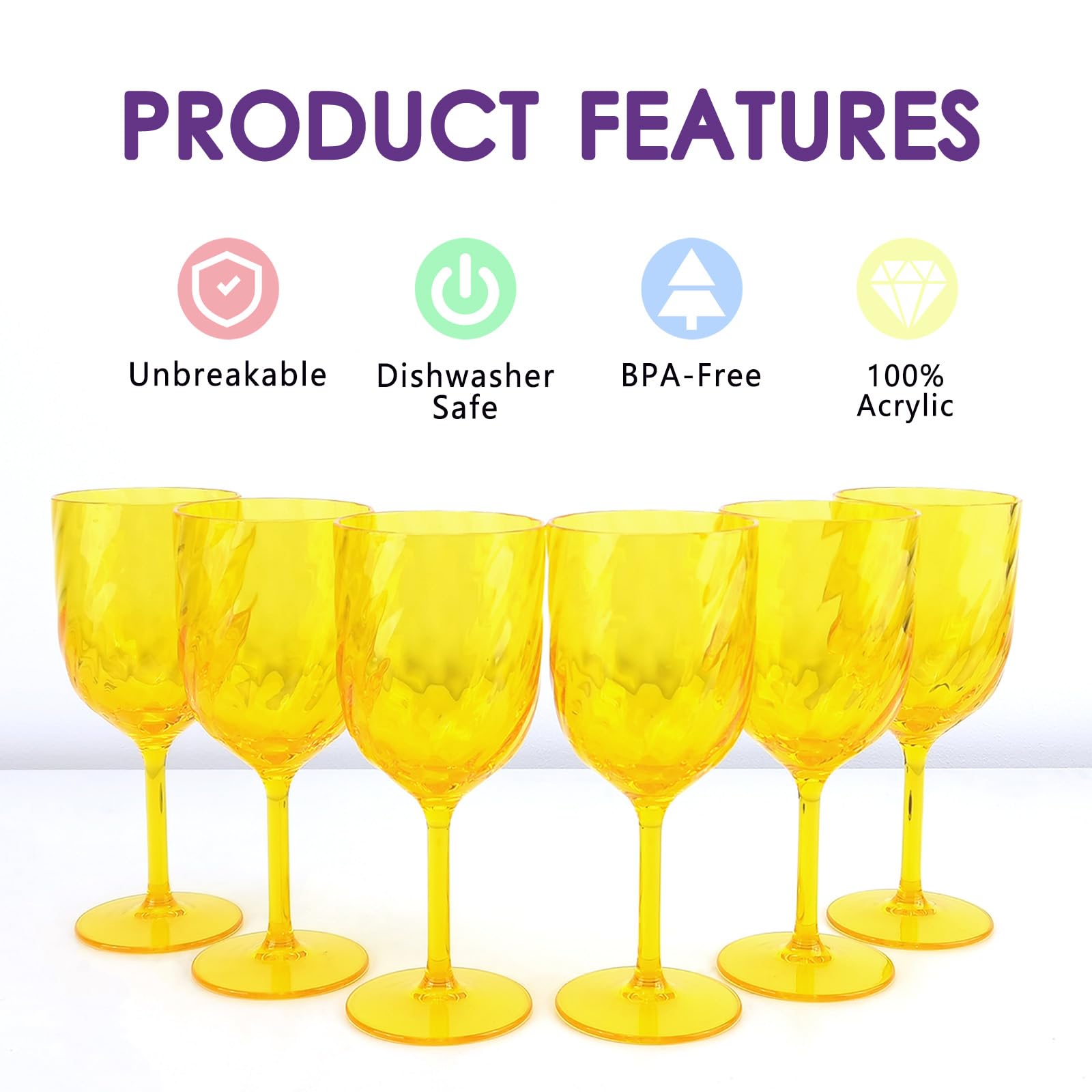 Lot de 6 verres à vin incassables en acrylique 425 ml pour intérieur et extérieur, sans BPA, incassables, jaunes