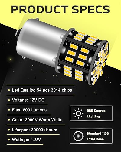 Miniatura 2 de Bombillas LED 1156 1141 7506 para RV, P21W 1003 1073 BA15S RV LED blanco cálido, 3014 54 SMD LED de repuesto para 12 voltios interior de caravana,