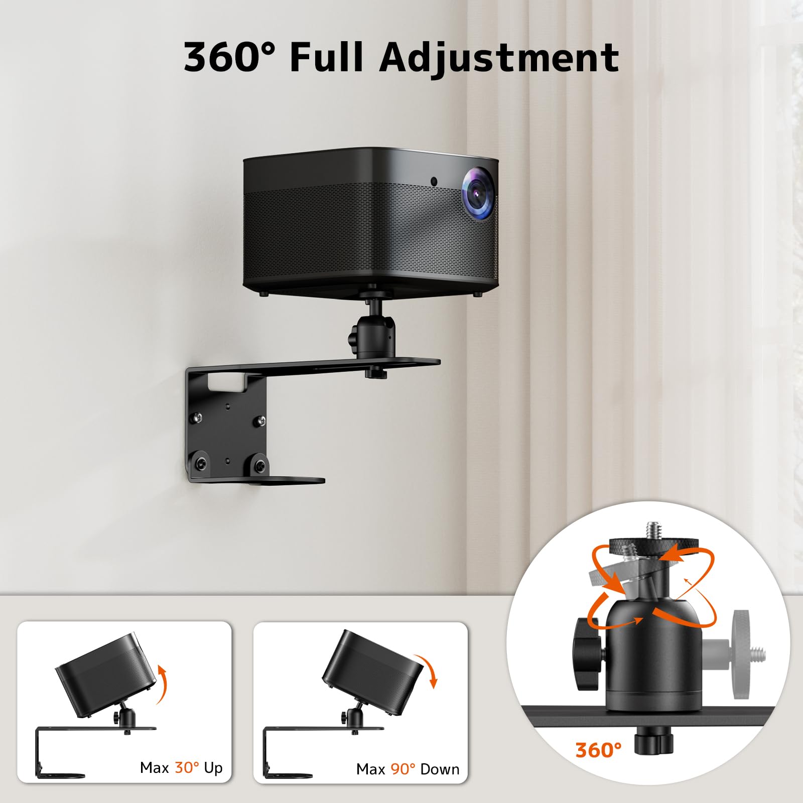 PUTORSEN Projektor Wandhalterung – Beamer Decken- und Wandhalterung Halter mit 1/4-Zoll Gewinde, bis 10 kg (Wand) / 6 kg (Decke), 360° drehbar & 12 cm verstellbar für Heimkino, Büro, Beamer Zubehör