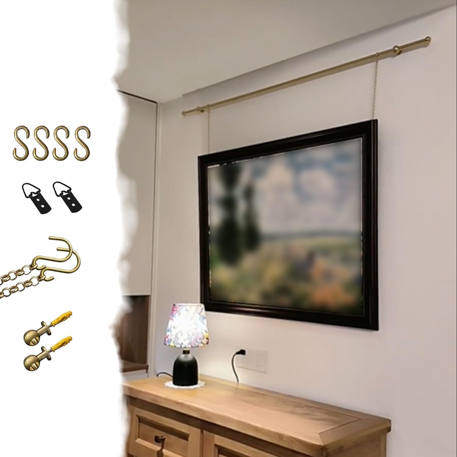 Cimaise pour Tableau Système de Suspension pour Cimaise d'Exposition avec Chaîne en Laiton, Kit Câble et Potence pour Domicile, Église, Bar à Café, Galerie(2.5 m/99 INCH)
