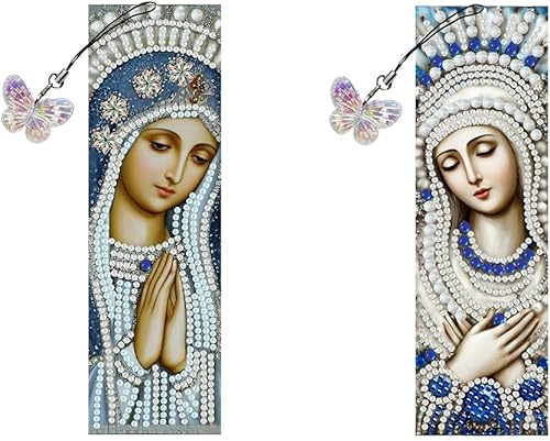 pigpigboss Juego de 2 marcapáginas de pintura religiosa de diamantes de la Virgen María religiosa, marcapáginas de acrílico con puntos de arte de
