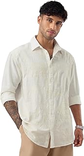 The Souled Store Nautical Fish Men and Boys Long Sleeve Spread Collar Button Front Off White Embroidered Casual Streetwear...