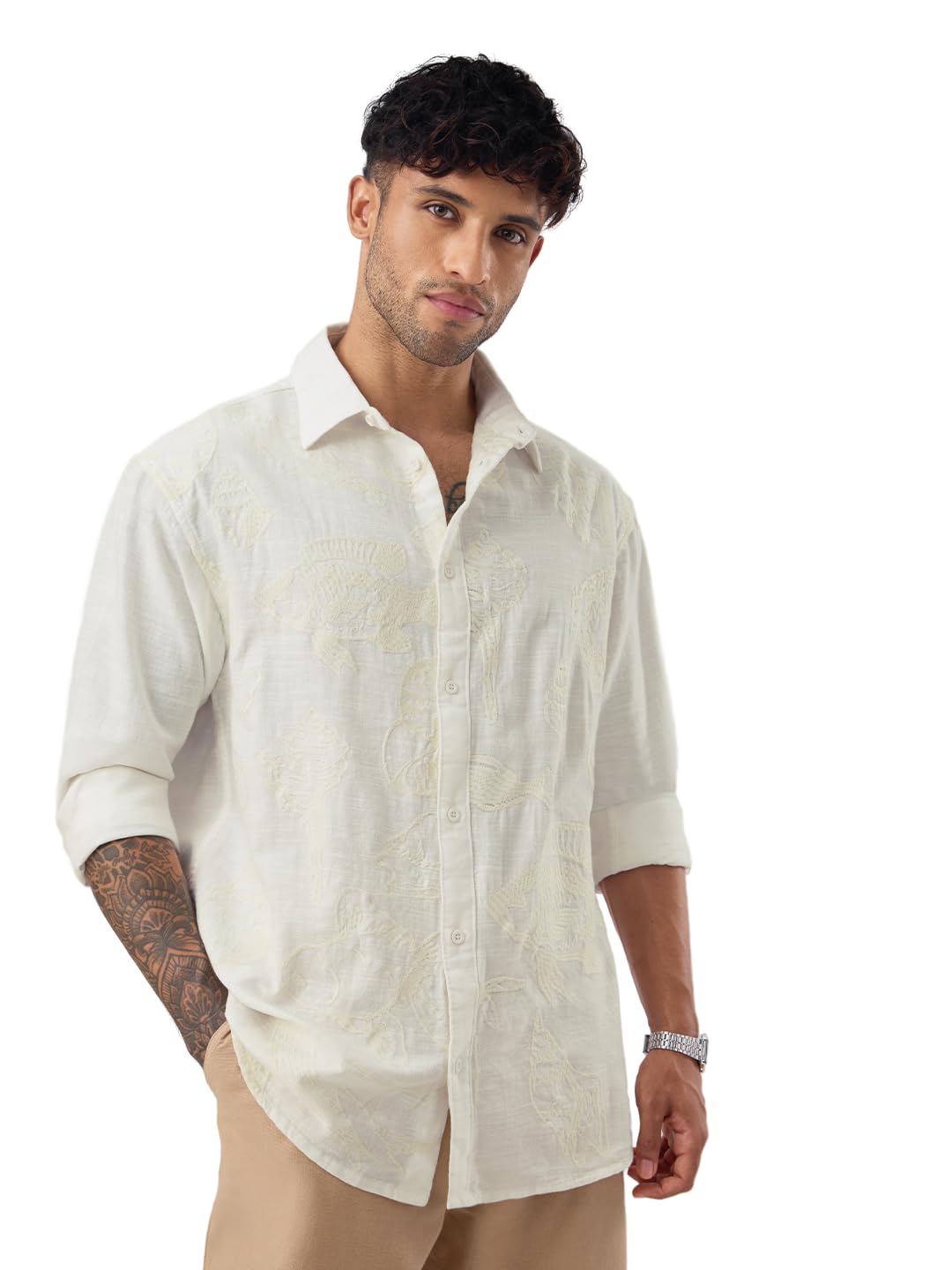 The Souled Store Nautical Fish Men and Boys Long Sleeve Spread Collar Button Front Off White Embroidered Casual Streetwear... - Review, Price and Buying Guide