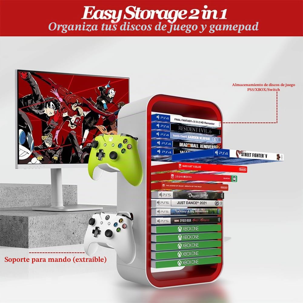 Torre de Almacenamiento de Juegos para PS5/ Xbox Series S & X/Switch, Organizadores Universales de Discos de Videojuegos, Almacena 18 Juegos, con 4 Soportes de Controlador (Rojo)