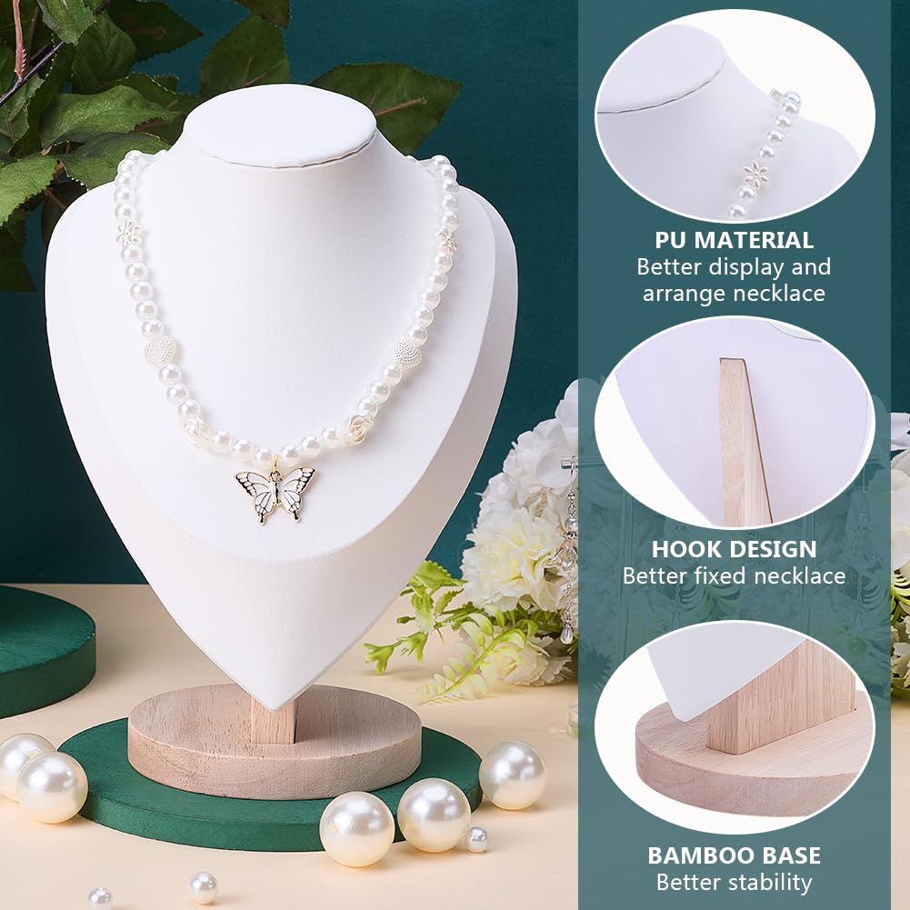 arricraft 3 Stück Büste Halskette Display Ständer, weiße PU Leder Holzschmuck Display Ständer mit Holz Basis Mannequin Halskette Kettenhalter Organisator für Schmuck Showcase Home Store