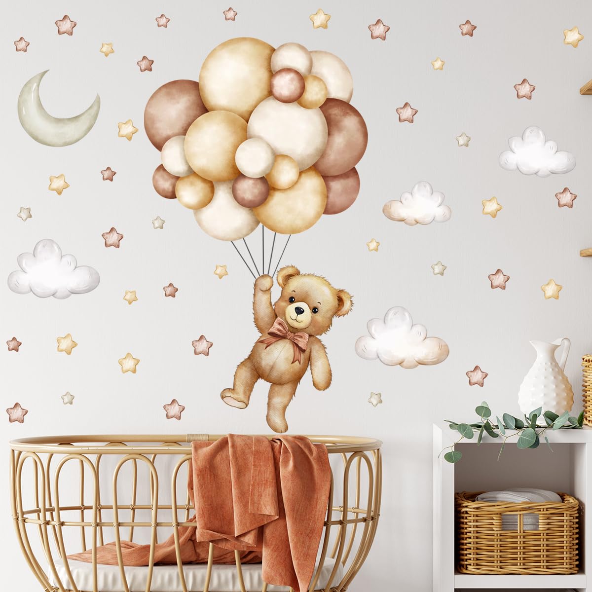 Calcomanías de pared de oso de peluche, diseño de globo aerostático, estrella, luna, nube, calcomanías de pared para habitación de niños, habitación de niños y niñas, decoración de habitación de bebé