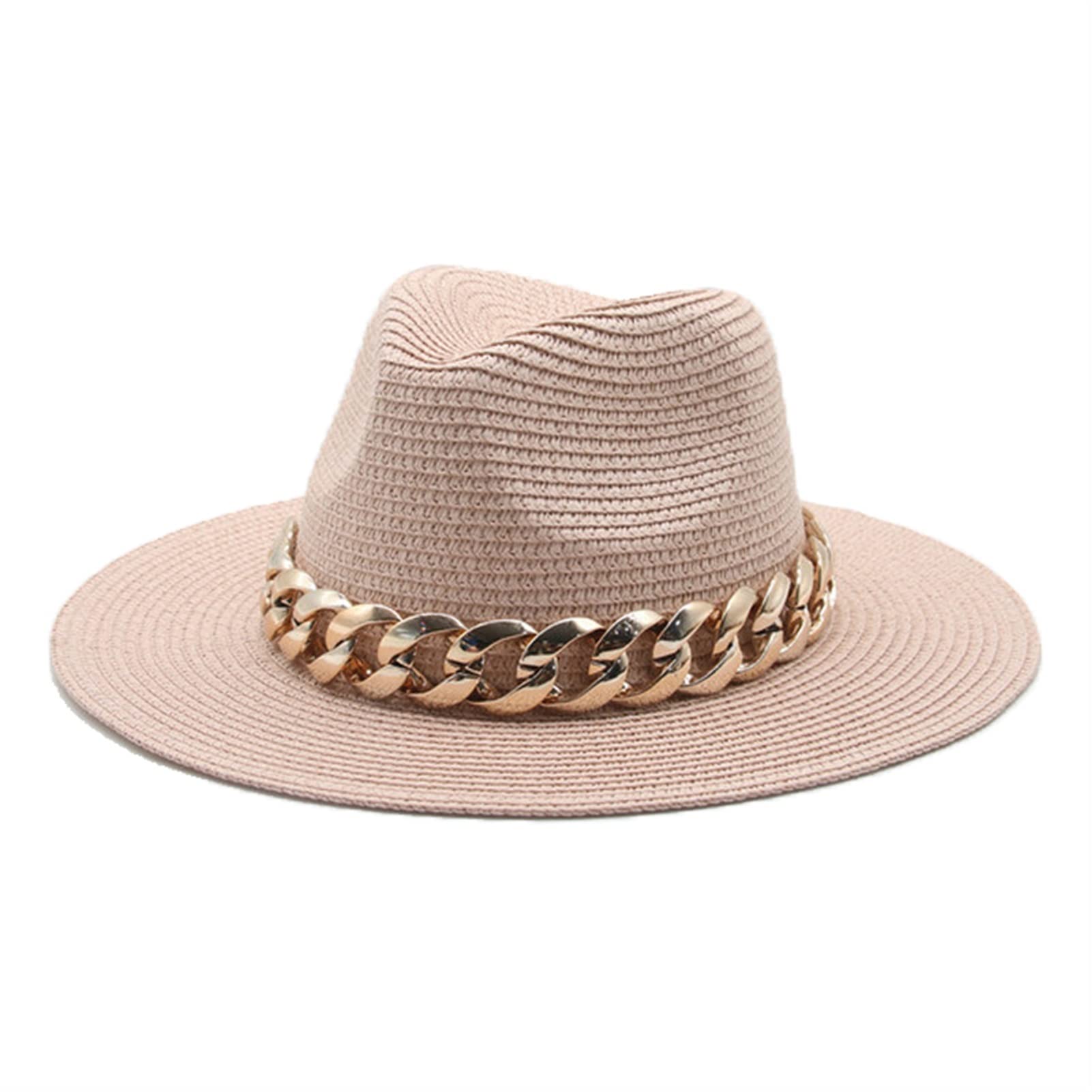 DiJiaXie Sun Sombreros Hombres Mujeres Paja Oro Cadena Banda cinturón Mujer Verano Sombreros Primavera Negro Khaki Playa Casual Verano Sombreros (Color : Beige)