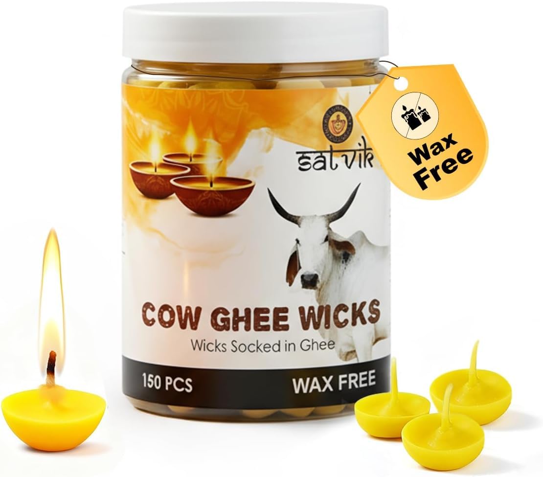 SATVIK 150 Pcs Pure Cow Ghee Wicks for Puja Pooja Home and Mandir. Nitya Pujan Readymade Ghee Jyot Jyoti Pujan Indian Housewarming Return Gift Items Puja Accessories. Diwali Diya Cotton Wicks-image-26