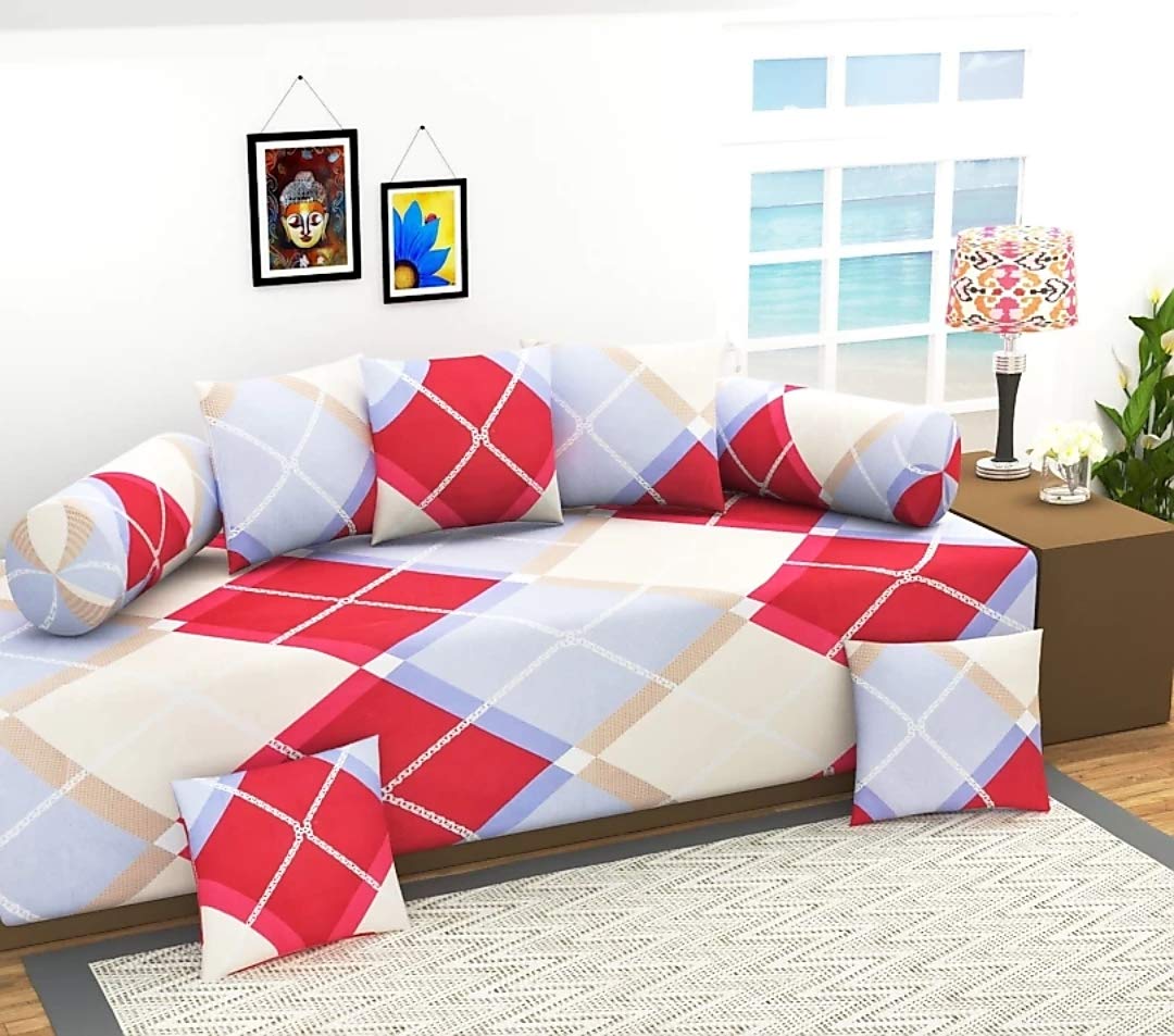 sandeep handloom Presents Printed Designer 254TC Cotton Diwan Set with 8 Pieces 1 Single bedsheet with 5 Cushions Covers and 2 Bolster Covers with Attractive Color & Design (Multi Cover)
