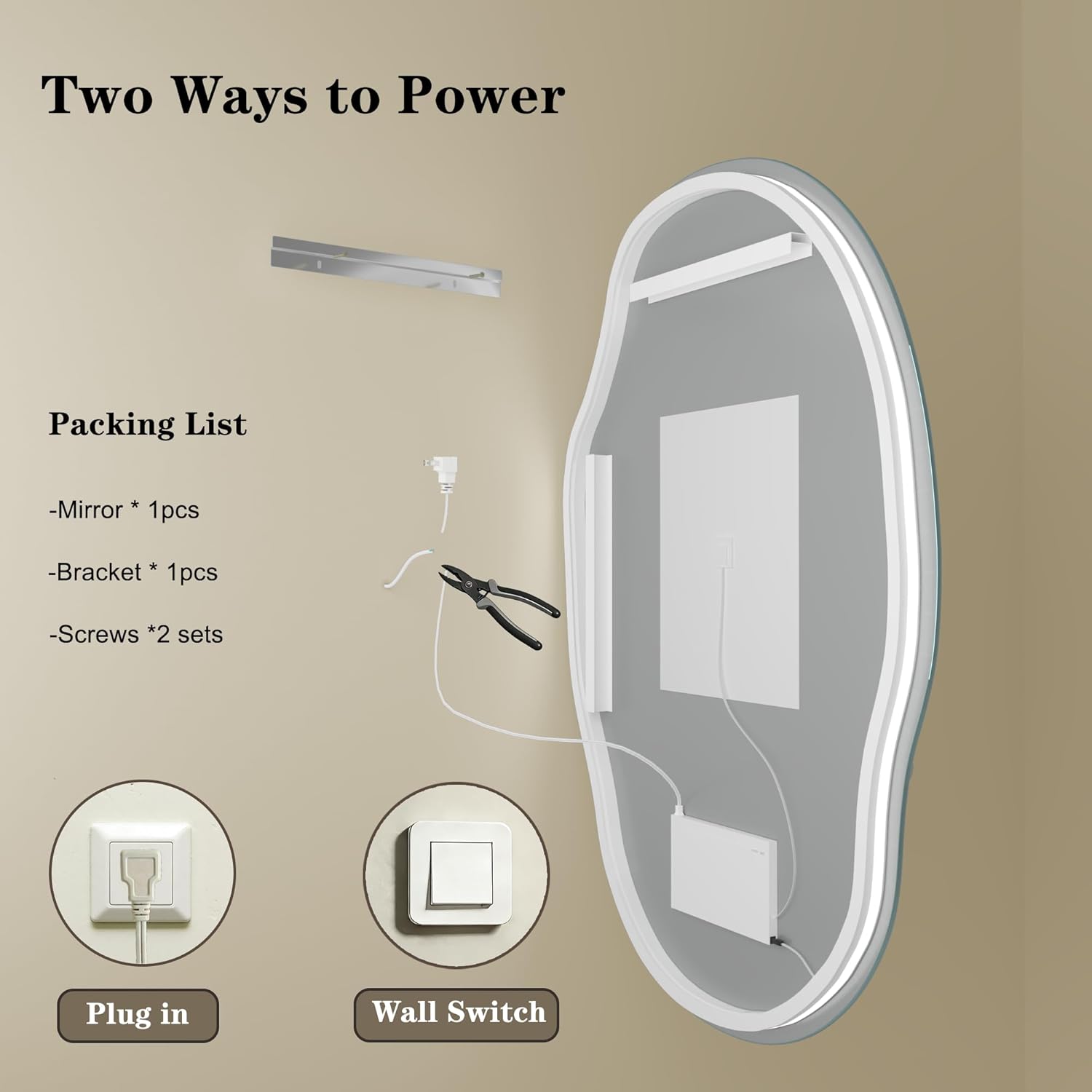 Irregular Backlit Led Bathroom Mirror for Wall 26"x36", Asymmetrical Lighted Vanity Mirror with Light, 3 Colors and Steppless Dimmable, Shatterproof, Defogger, Memory(Vertical or Horizontal)