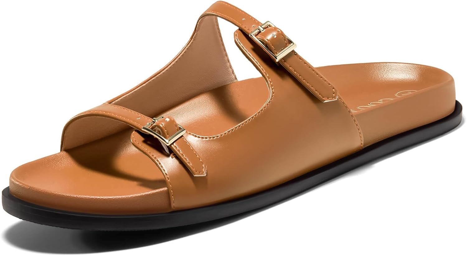 Coutgo Womens Flat Sandals Comfortable Wide Width Slides Double Strap Adjustable Buckle Slip on Shoes