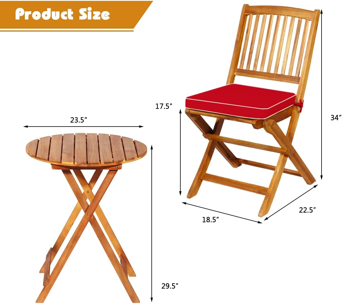 S AFSTAR Bistro Table and Chairs Set of 2, Acacia Wood Folding Table Chairs Set with Round Coffee Table & Padded Cushion, Small Table Set for 2 Outdoor Porch Patio Poolside Balcony (Red)