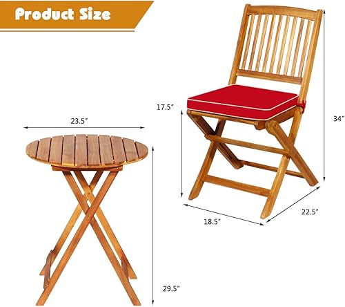 Miniatura 9 de HAPPYGRILL Juego de mesa y silla de 3 piezas con cojines plegables de madera y mesa auxiliar para balcón, jardín, patio trasero