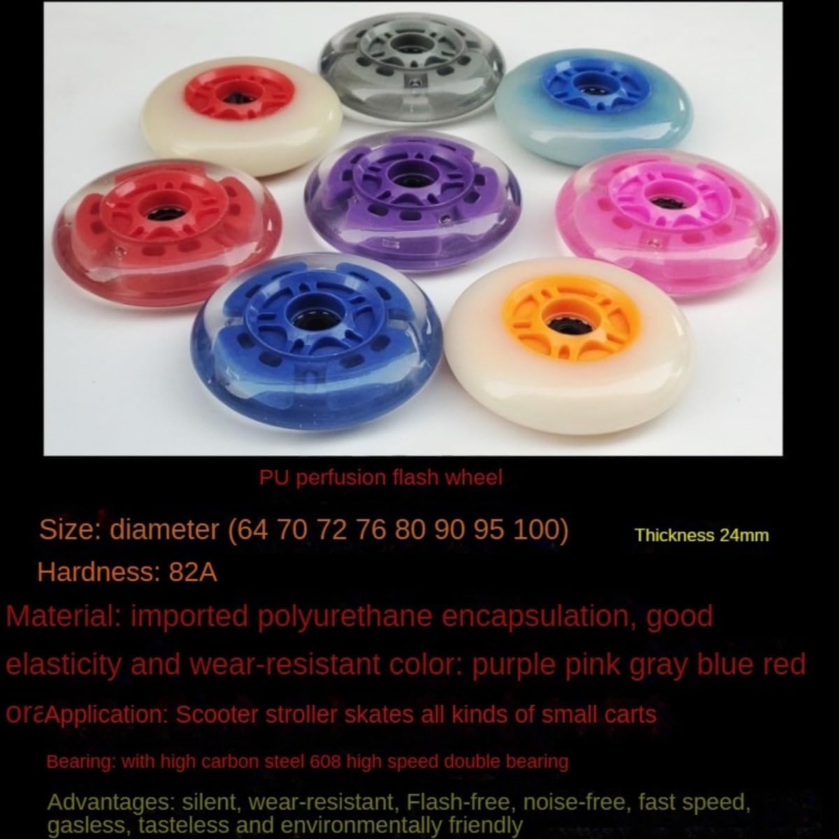 8 pcs Inline Skate Wheels 80mm 100mm 76mm 72mm Inline Skate Replacement Wheels 85A PU with Bearings (Grey,100mm)