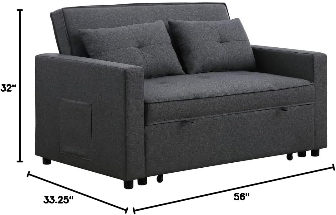 Lilola Home Zoey Dark Gray Linen Convertible Sleeper Loveseat with Side Pocket