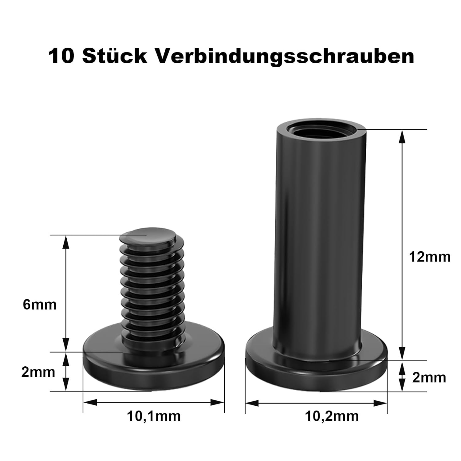 Pack of 10 Connection Screws M5 x 12 mm, Furniture Screws, Sleeve Nut M5, Sleeve Screws, Stainless Steel A2 V2A, Black Oxide, Cabinet Connector with Allen Keys