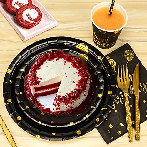 201 Pieces Gold Disposable Party Dinnerware Set &Golden Dot Disposable Birthday Party Dinnerware - Black Paper Plates Napkins Cups, Gold Plastic Forks Knives Spoons by TabreMstr - Image 4