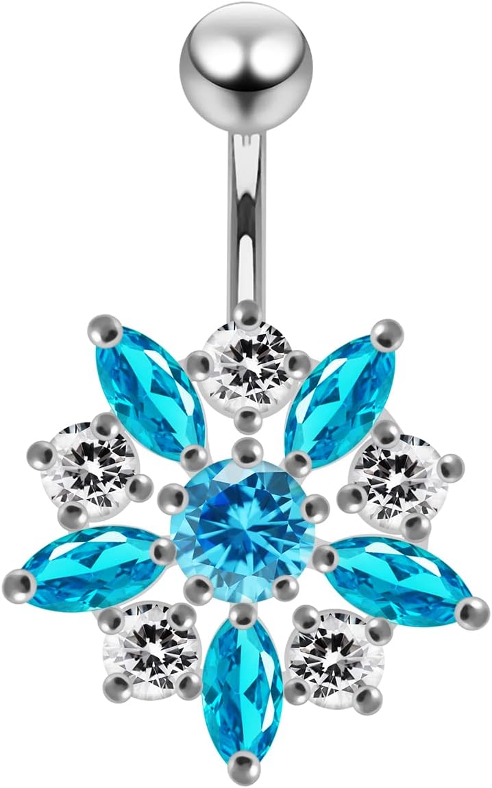 Fancy Star Flower Design 925 Sterling Silver with Stainless Steel Belly Ring - Belly Button jewelry - Navel jewelry