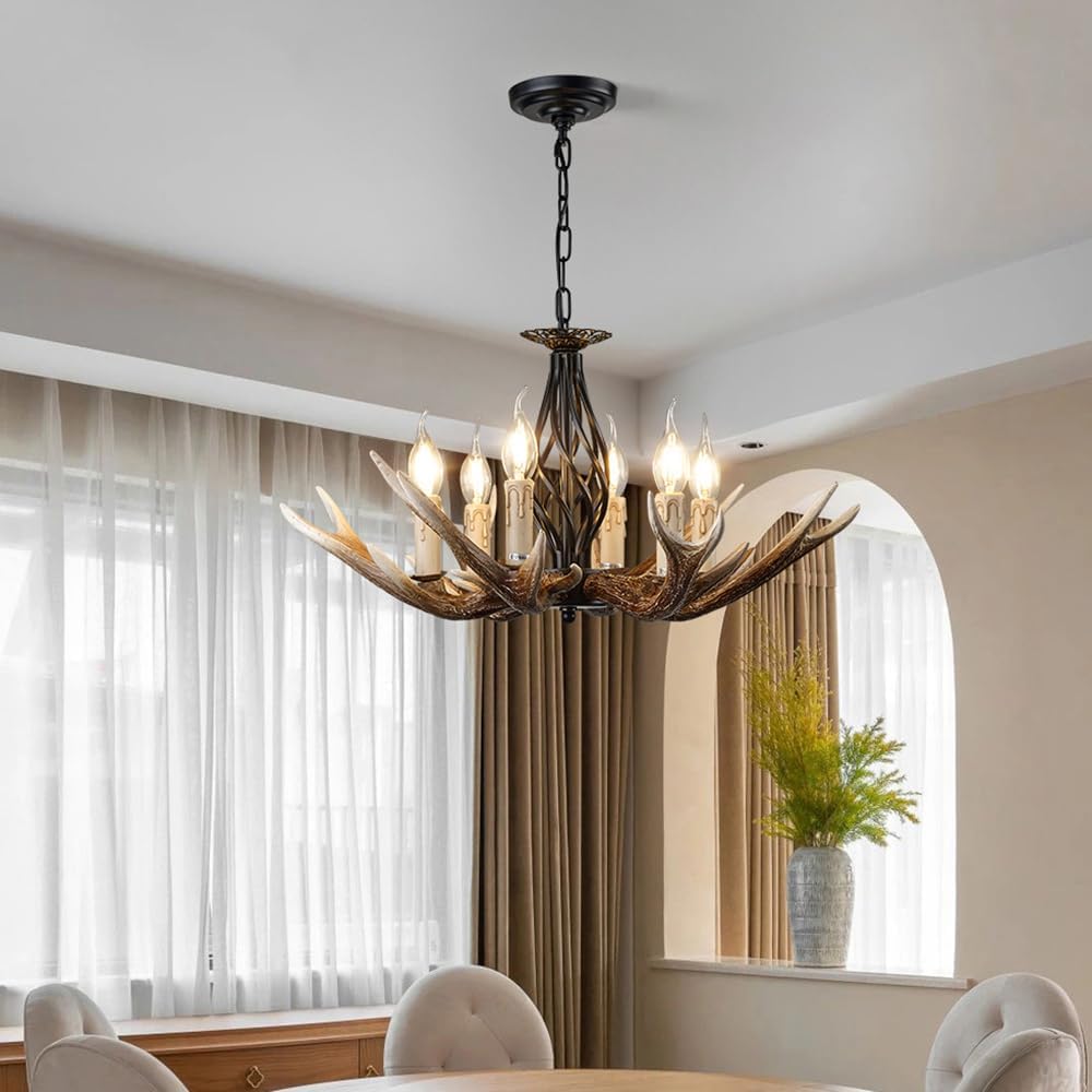 Skyblaze Rustic Antlers Chandelier 6 Lights Deer Chandelier Vintage Antler Pendant Light Fixtures with E12 Base Farmhouse Antler Lamp for Cabin, Dining Area, Bedroom