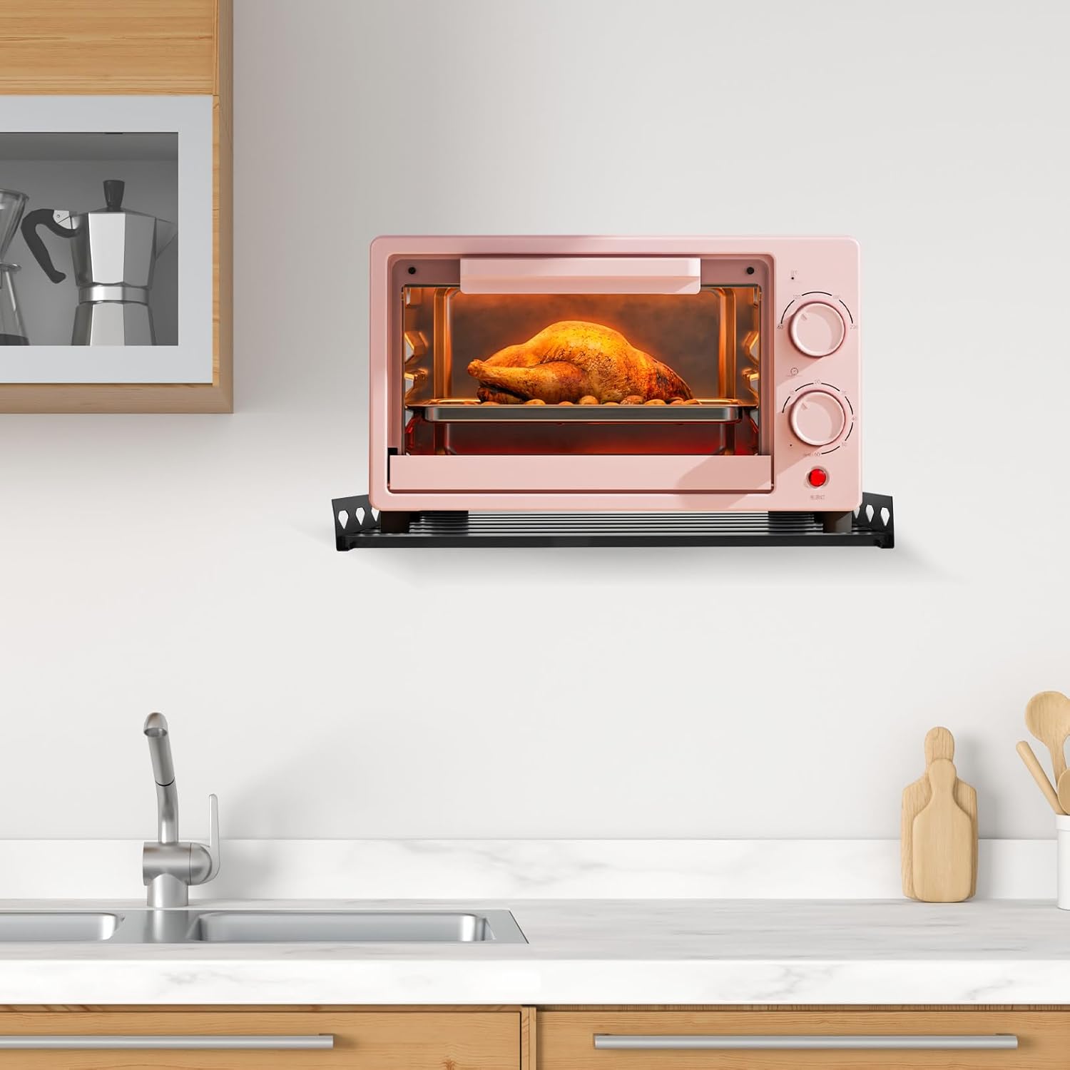 Wall Mount Microwave Oven Shelf Wall Mount Shelf with 4 Hooks Kitchen Organizer Storage Holder Commercial Storage Rack for Kitchen Bathroom Bedroom Pantry,110.23lbs Load