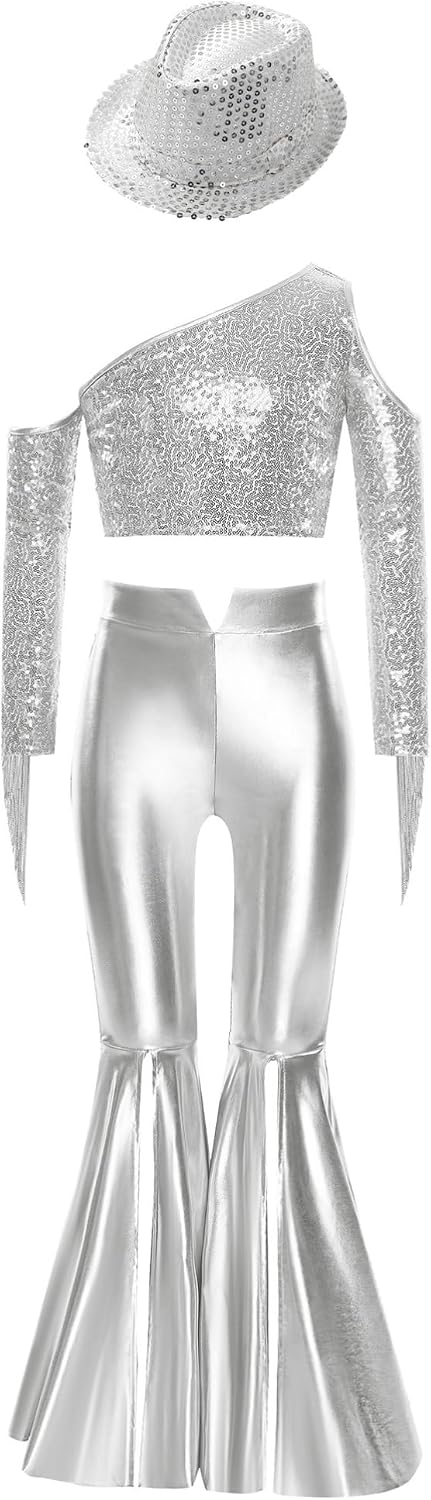 Girls' Sequined Crop Top One Shoulder Dance Shirts And Patent Leather Hip Hugger Slim Fit Silver 16 Years