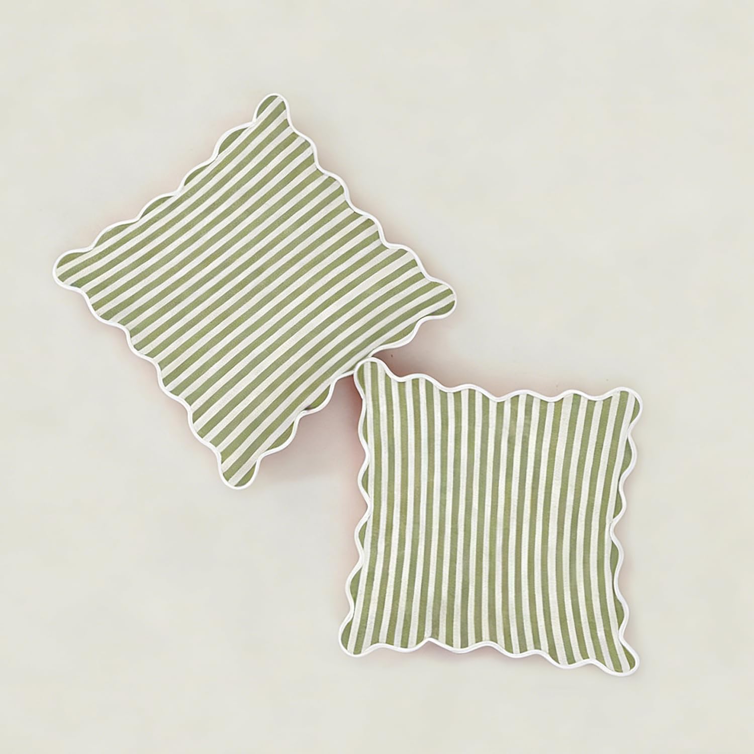 Scalloped Throw Pillow Covers | Decorative Couch Pillows | Cute Stripe Pillow Cases | Boho Sytle for Living Room (Green & White, 20x20 Inch)