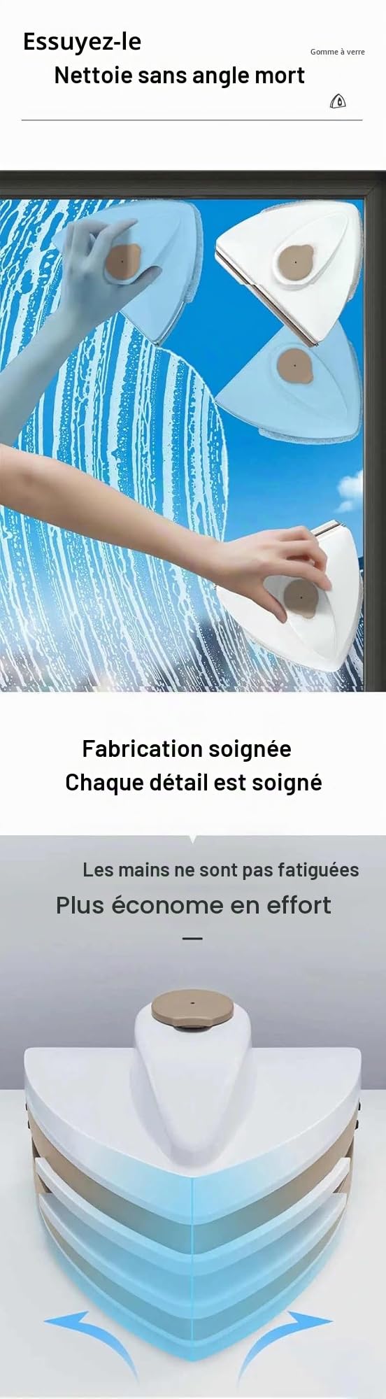 Nettoyant magnétique pour vitres, outil de nettoyage à double face, construction en ABS et caoutchouc, pour une épaisseur de verre de 8-15 mm, avec corde de sécurité (1, Bleu)