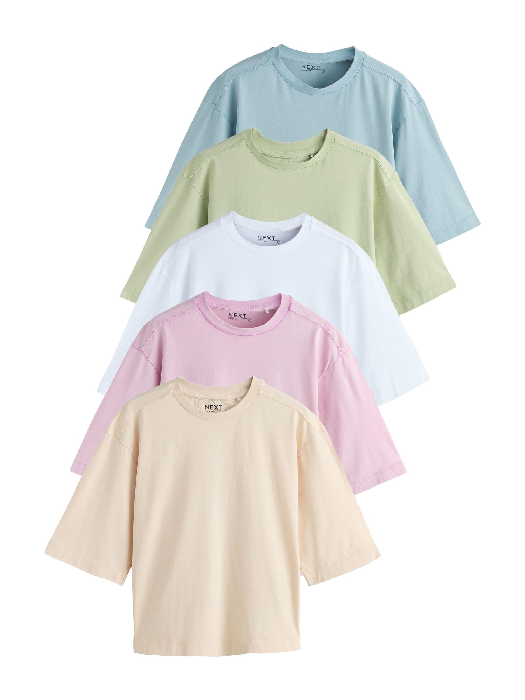 NEXT Damen Relaxed Fit Rundhals-T-Shirts mit ellbogenlangen Ärmeln, 5er-Pack