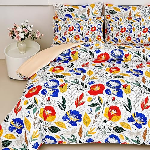Image of lasoftan Floral Queen Comforter Set with Sheets, 7 piece Luxury Vintage Bedding, Soft Microfiber Bed in a Bag, Cozy Lightweight Bed Set, Blue Orange Flower