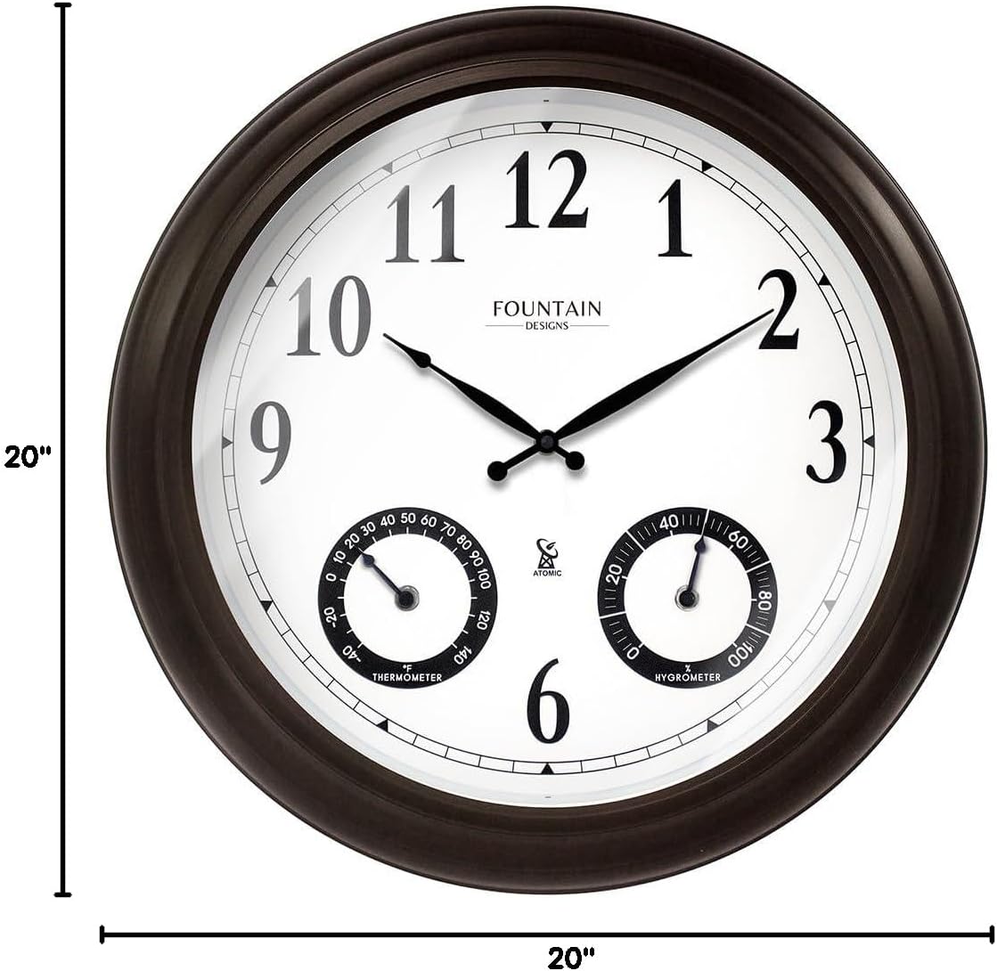 20" Evander Large Outdoor Atomic Wall Clock with Temperature & Humidity, Waterproof Outdoor Clock Thermometer Combo for Patio, Pool and Garden Decor,Oil Rubbed Bronze Black
