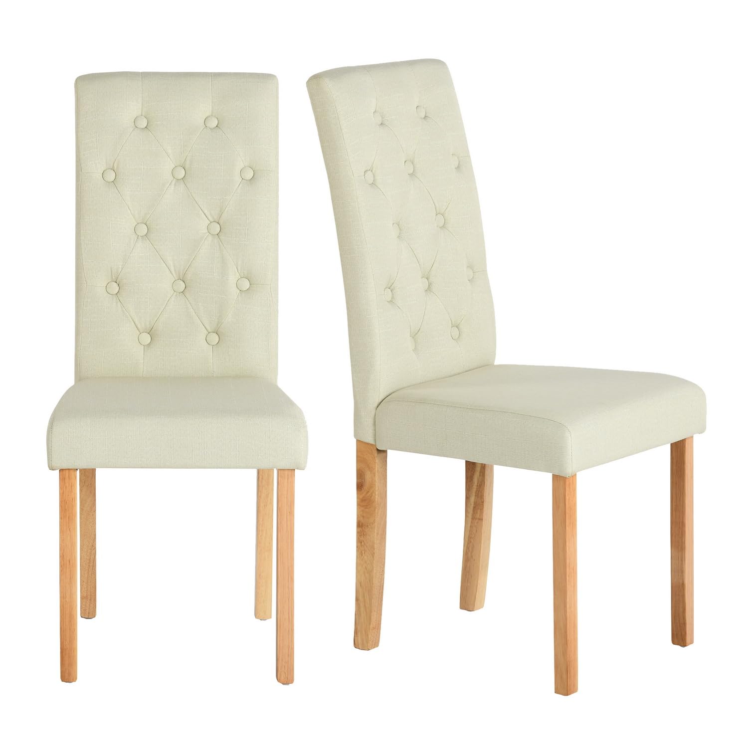 EGGREE Esszimmerstühle 2er Set Beige Leinenoptik Stoff Stühle mit Dicker Sitzfläche & Genähtem Rautenrücken, Stabile Gummibaumholz-Beine, 43,5 x 56 x 98 cm, Moderner Design für Esszimmer & Küche