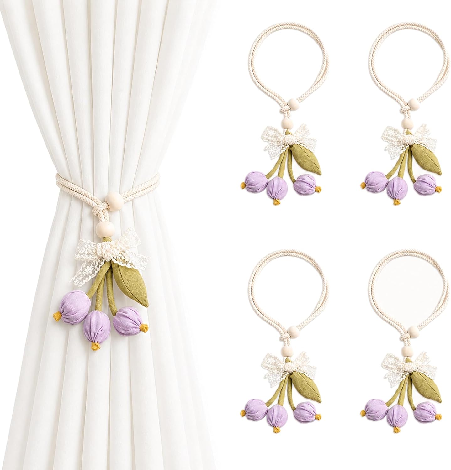 Flower Fabric Curtain Tiebacks 2 Pack Spring Decorative Curtains Ties Rustic Elegant Curtain Pull Backs for Home Office Drapes Decor Purple