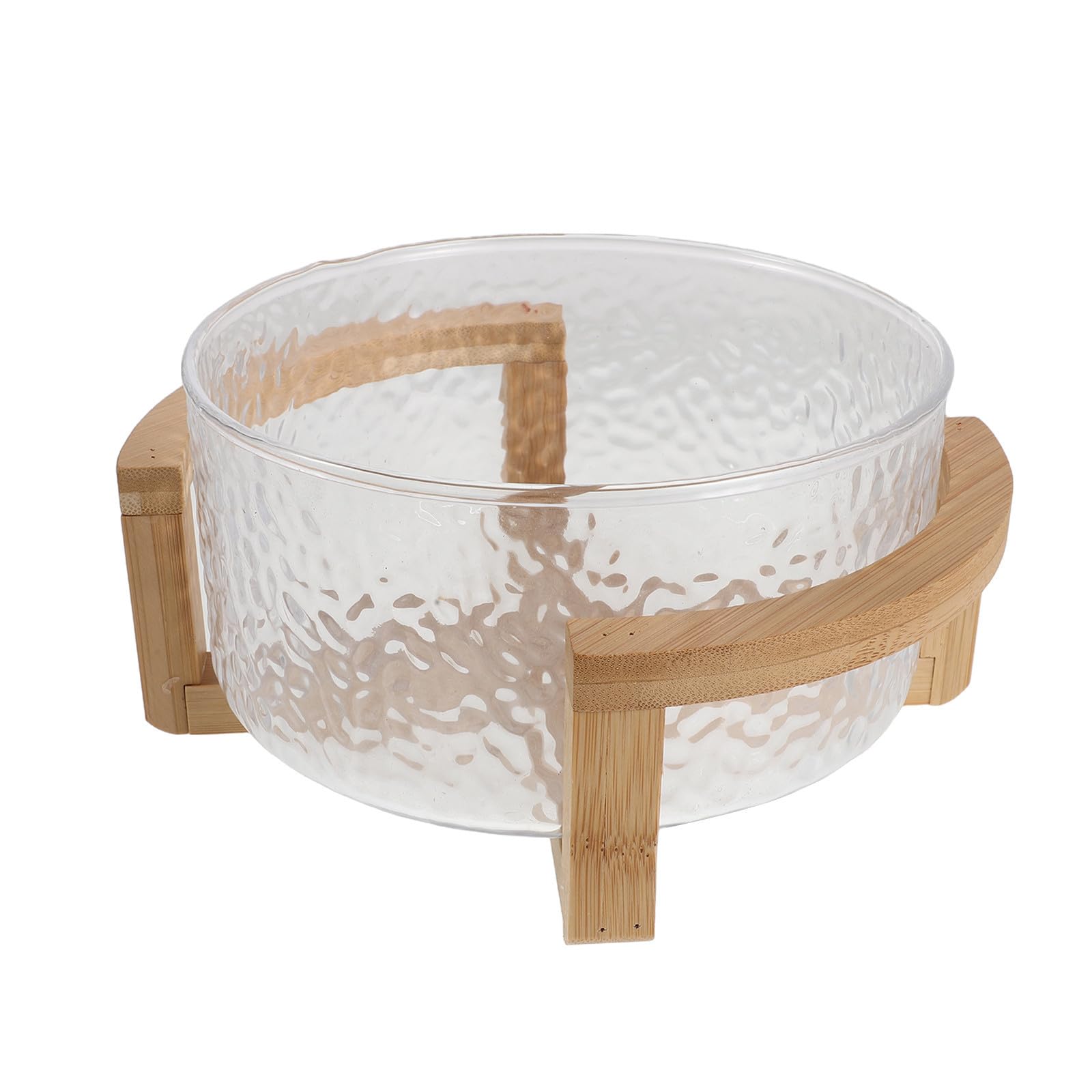 Bol para Ensalada de Vidrio con Soporte de Bambú Seguro, Tamaño 21x17.5x10cm, Diseño Elegante y Versátil para Servir Postres y Fiestas