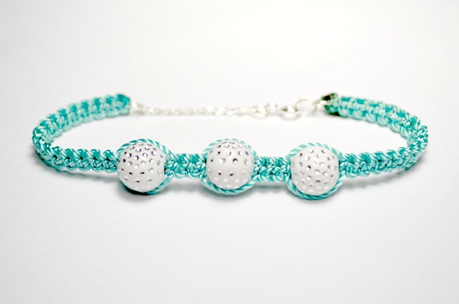Turquoise Macrame/White Sparkle Beaded/Sterling Silver Chain/ADJUSTABLE Bracelet | Quality Semi-Precious Gemstones/Customizable | Collett Couture Handmade Jewelry