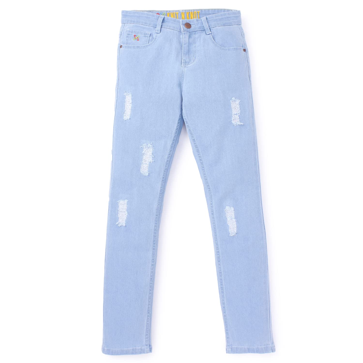 Knit N KnotStretchable Light Blue Ripped Torn Fashionable Jeans | Casual Mid Rise Slim Fit Denim Pant for Kids Boys | Sky Blue, Light Blue