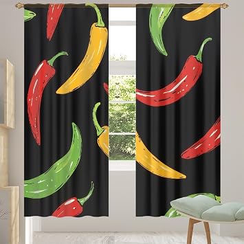 Grommet Semi-Sheer Window Curtains 2 Panels, Chili Pepper Red Yellow Green Light Filtering Curtain Rod Pocket Living Room Drapes, 55" W x 78" L