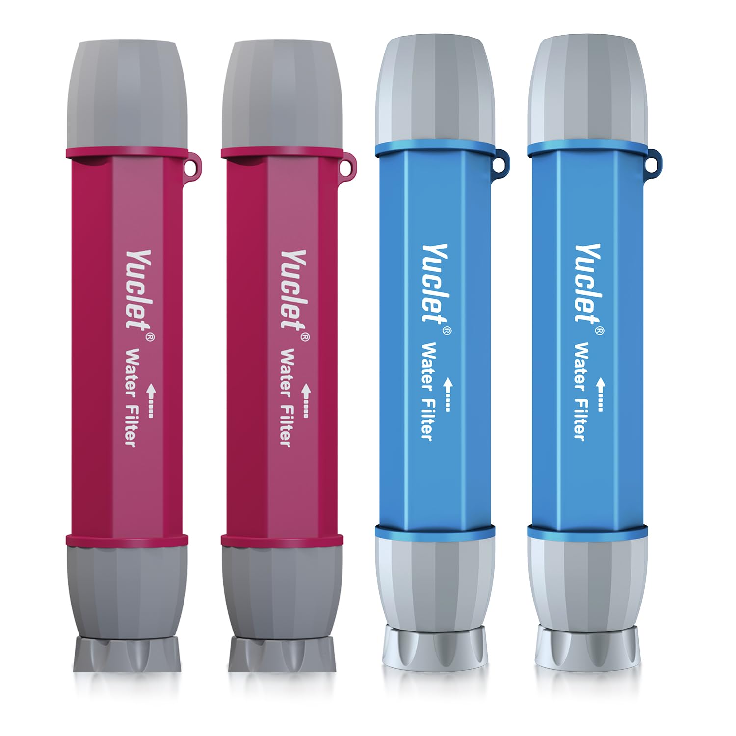 Yuclet Personal Water Filter Straw for Drinking Survival, Water Purifier Filtration System Survival Gear and Supplies for Camping, Hiking, Travel, and Emergency Preparedness (2 Bule & 2 Plum Red)