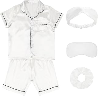 Satin Kid Short Pajamas Set 5 Piece Child Silk Pjs Button Sleepwear with Eye Mask, Hairhand, Hair Ring