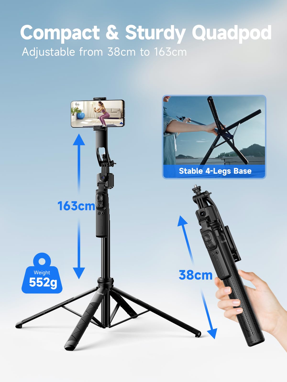 Rollei Easy Creator Quadpod z AI Tracking 360, automatyczne śledzenie twarzy, kijek do selfie z pilotem zdalnego sterowania do filmowania, do Tiktok Live Streaming Vlog, statyw do telefonu komórkowego