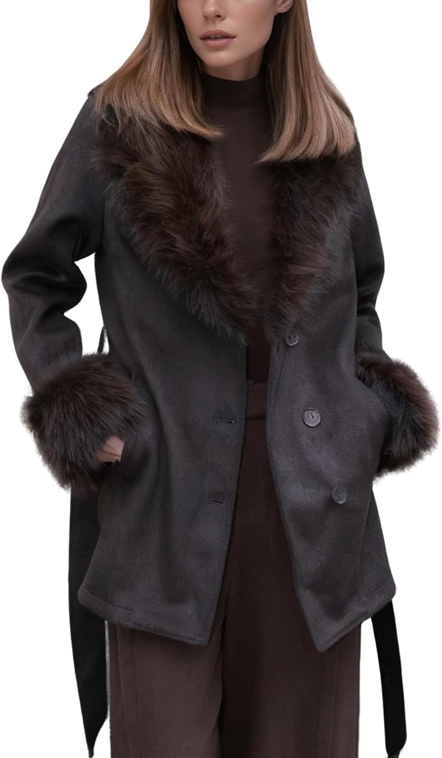 Women Fur Trench Coat Notched Lapel Single Breasted Jacket Warm Long Fall Winter Overcoat With Fur Collar & Belt GSQ23189 Coffee XL - Image 8