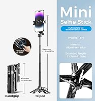 Vista 8 de MAGIC JOHN Trípode para teléfono, palo selfie portátil, palo selfie de bolsillo para iPhone, trípode para teléfono con control remoto desmontable