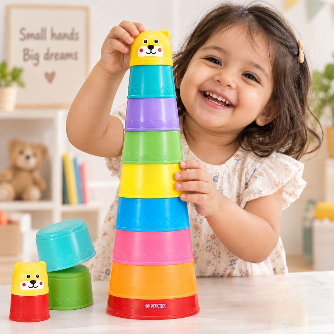 Storio Stacks of Circles Stacking Ring Toy for Babies 6+ Months | 9-Piece Multi-Color STEM Learning | Educational Baby Toy for Fine Motor Skills | Textured Rings with Sound Beads | Montessori Learning — Amazon image 10