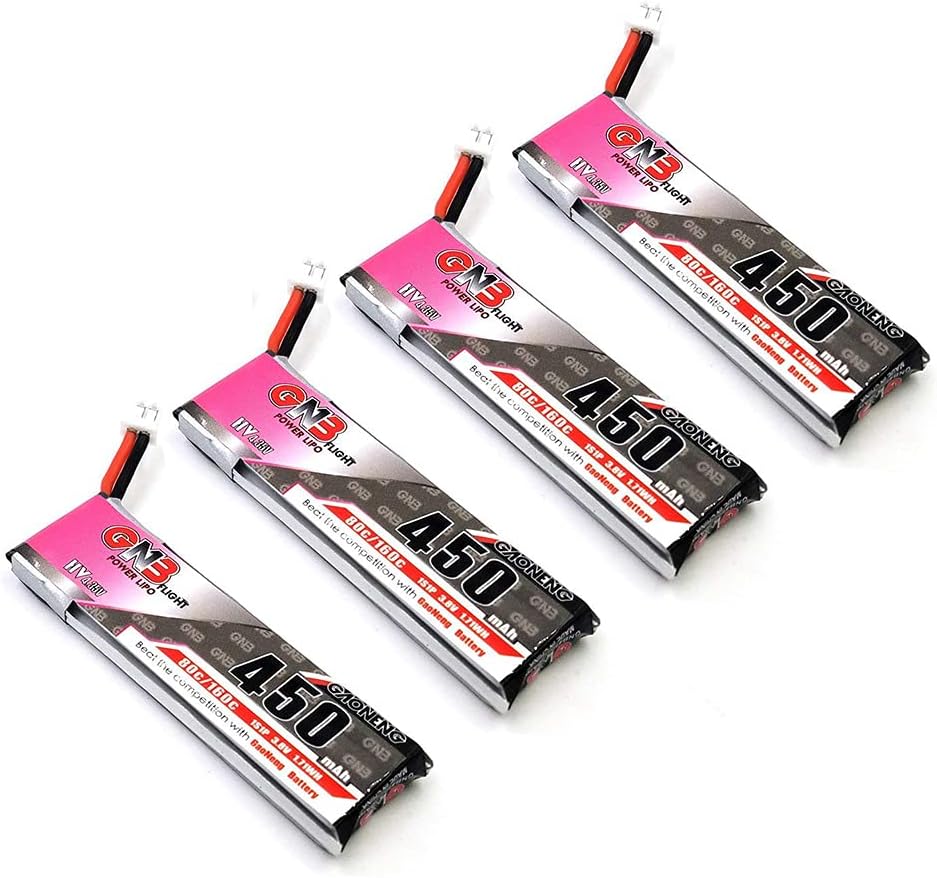 4PCS GAONEN 450mAh 1S LiPo Battery 3.8V/4.35V 80C JST-PH 2.0 Connector for EMAX Tinyhawk 2 EZ-Pilot E010 M80S Tiny7 Inductrix FPV Plus US65 Beginner Indoor Micro FPV Racing Drone